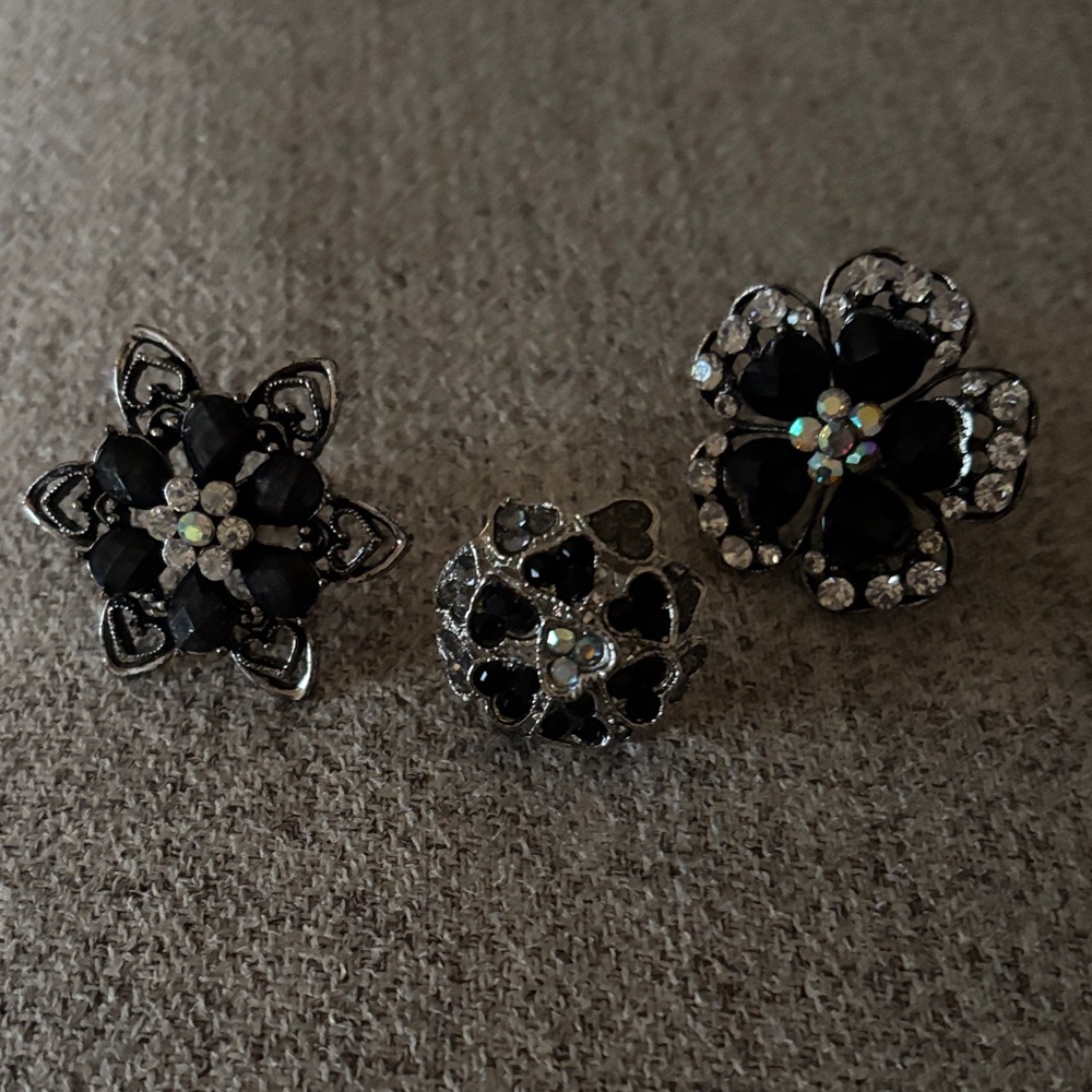 Elegant Black, Rhinestones and Silver Floral Adjustable Ring Bundle